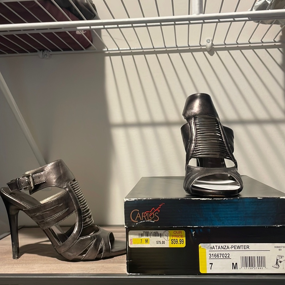 Pewter strappy toed open heels